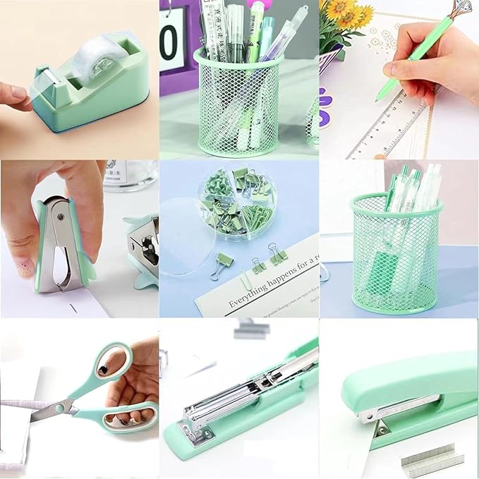 Green Desk Accessories, Pink Office Supplies Set with Stapler, Tape Dispenser, Staple Remover, Pen Holder, Scissor, Binder/Paper Clips, Ballpoint Pen, Clear Tape and 1000pcs Staples-DeskLoop Office