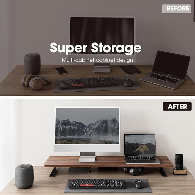 Fenge Dual Monitor Stand Riser, 42.5 Inch Desk Top Shelf for 2 Monitors, Computer Stands for Desk, Wood & Steel Desktop Riser for Laptop, PC, Printer-DeskLoop Office