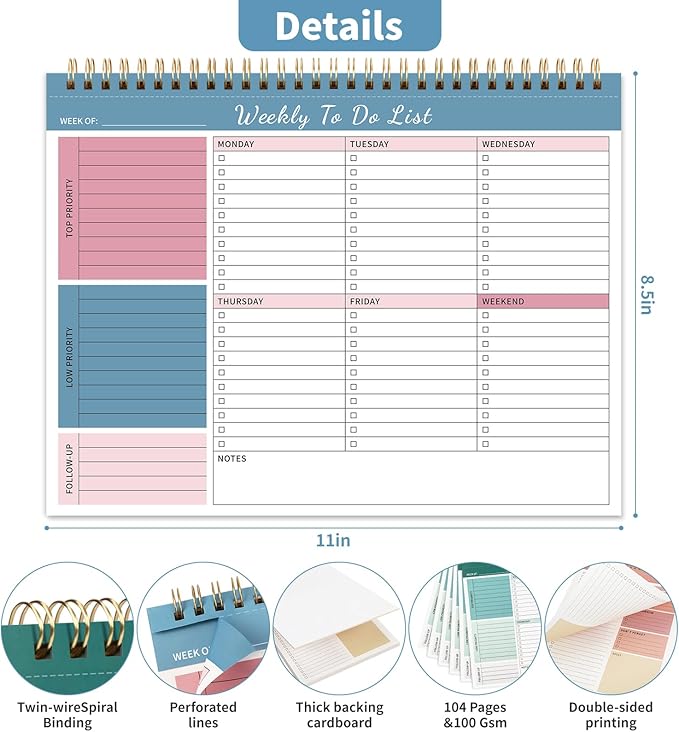 Weekly To Do List Notepad, 52 Undated Sheets (8.5"×11") Duplex-printed Weekly Planner Notepad For Work Home School Office Desk Accessories Supplies & Goal Setting Tasks - Blue-DeskLoop Office