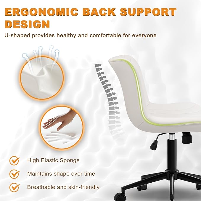 Office Chair, Armless Desk Chair with Wheels, Ergonomic Comfy Home Office Computer Task Chairs, Faux Leather Padded Cute Vanity Chair, Adjustable Height Swivel Chair with Back,White-DeskLoop Office