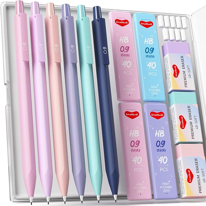 6PCS 0.9mm Mechanical Pencils Set with Case, Cute Pastel Mechanical Pencil with 160PCS HB Lead Refills, 3 Erasers, Aesthetic Back to School Supplies for Student Writing Drawing Sketching-DeskLoop Office