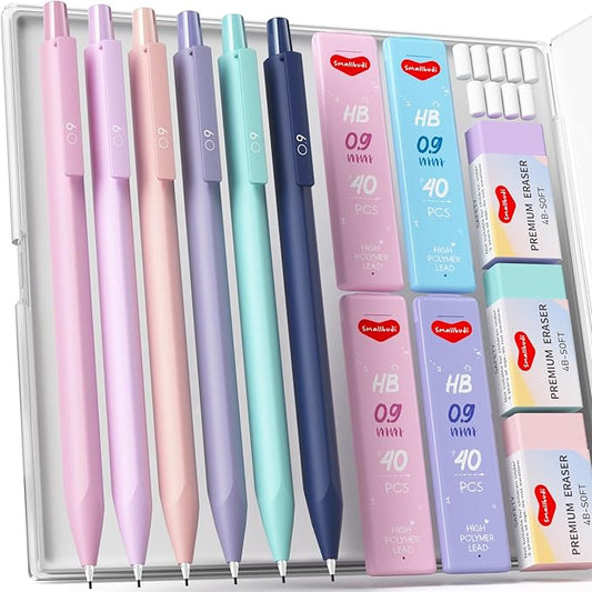 6PCS 0.9mm Mechanical Pencils Set with Case, Cute Pastel Mechanical Pencil with 160PCS HB Lead Refills, 3 Erasers, Aesthetic Back to School Supplies for Student Writing Drawing Sketching-DeskLoop Office