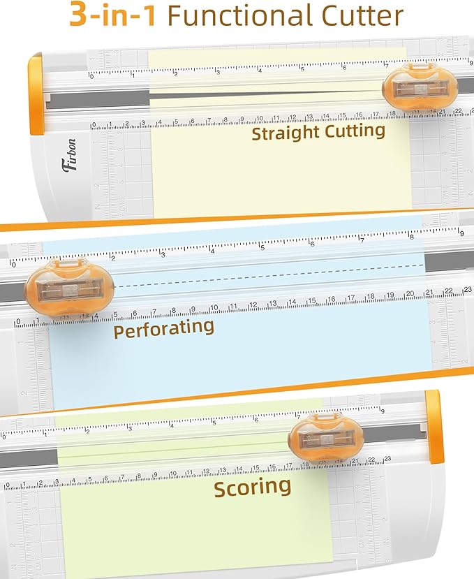 Firbon 3-in-1 Paper Cutter, 9" Compact A5 Paper Trimmer with Straight Cut, Scoring & Perforating Blades for Cardstock, Scrapbooking, Crafting, Labels & Home Office (Orange)-DeskLoop Office