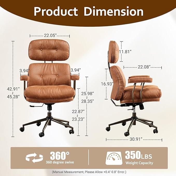 Faux Leather Executive Office Chair - Big and Tall Ergonomic Home Office Chair,Reclining Computer Desk Chairs with Lumbar Support,Adjustable Swivel Rolling PC Chairs with Wheels,Suede,Brown-DeskLoop Office