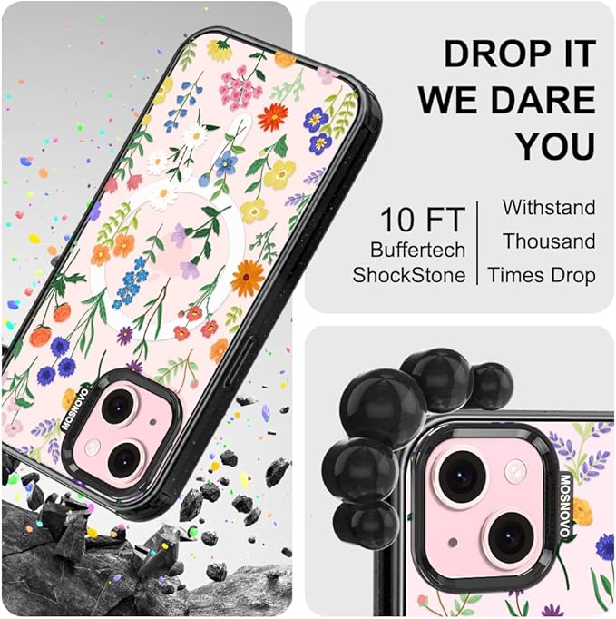 MOSNOVO Magnetic Case for iPhone 15 Plus, 10ft Military-Grade Protection, Compatible with Magsafe, Shockproof Phone Case for iPhone 15 Plus / 14 Plus - Botanical Floral - Clear Black-DeskLoop Office