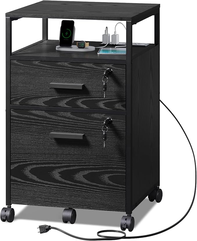 DEVAISE 2 Drawer File Cabinet with Lock and Charging Station, Wood Filing Cabinet fits A4 or Letter Size, Mobile Printer Stand with Open Storage Shelf for Home Office, Black-DeskLoop Office