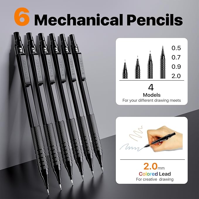 35PCS Black Art Mechanical Pencil Set in Case,0.5 0.7 0.9 2.0 Graphite Metal Drawing Drafting Pencils, Sharpener Erasers 384PCS Lead Refills (6B 4B 2B HB 2H 4H Colors) for Writing Sketching-DeskLoop Office