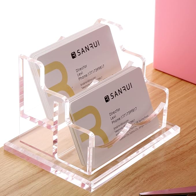 SANRUI Clear Horizontal Business Card Holder Stand for Desk, Acrylic Desktop Display Name Cards Holders Organizer Storage Rack,for Exhibition, Home , Office ,2 Tier 2 Pocket , 120 Card Capacity-DeskLoop Office