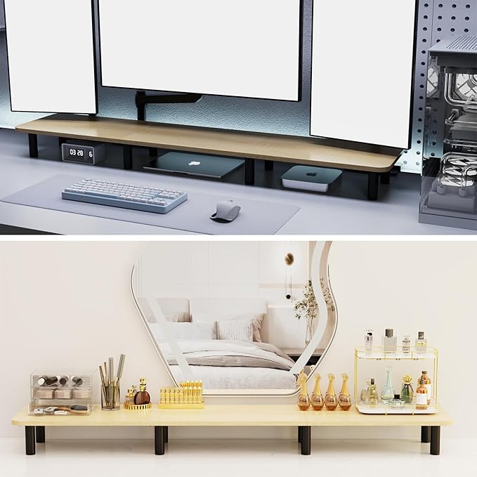 Large Extra Long Monitor Stand Riser 43.7in,Dual Monitor Riser, Wide TV Stand for 2 Monitors, Wood & Steel Leg Adjustable Height Desktop Riser, Home Office Organization. (Natural)-DeskLoop Office