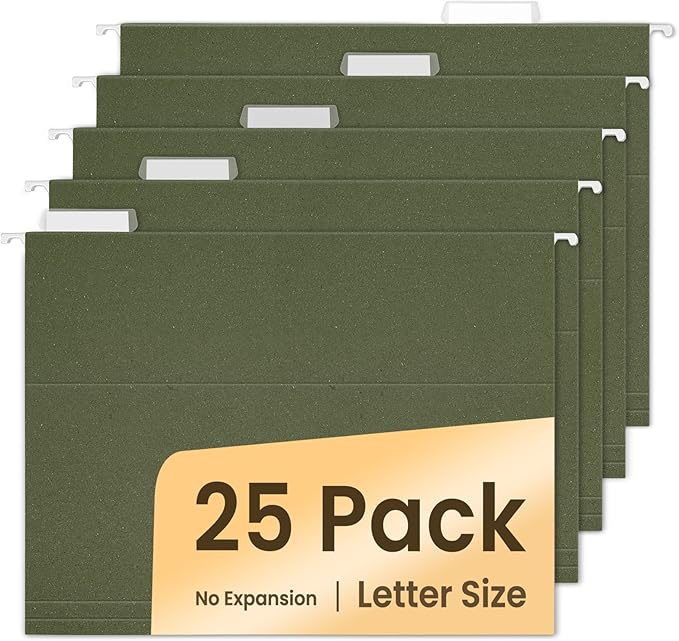 SUNEE Hanging File Folders, 25 Pack Reinforced Hang Folders Letter Size, Adjustable 1/5-Cut Tabs, Designed for Bulky Files, Filing Cabinet, Standard Green-DeskLoop Office