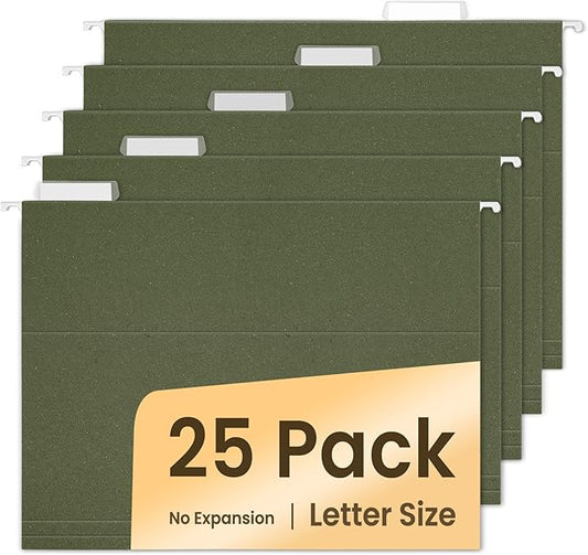 SUNEE Hanging File Folders, 25 Pack Reinforced Hang Folders Letter Size, Adjustable 1/5-Cut Tabs, Designed for Bulky Files, Filing Cabinet, Standard Green-DeskLoop Office