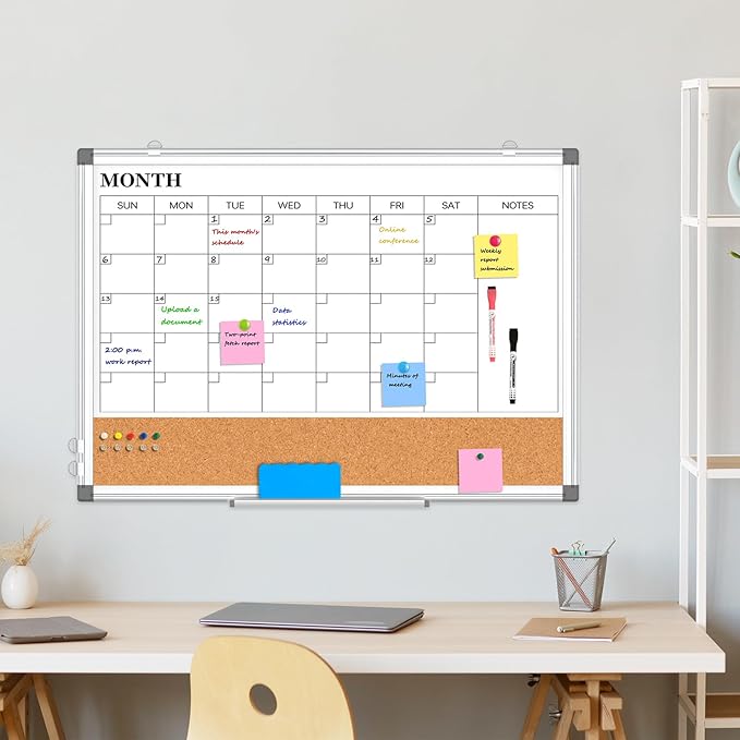 Monthly Calendar Whiteboard Dry Erase Cork Board Combo for Wall, 30" x 20" Magnetic Double-Sided Calendar White Board and Bulletin Board, Portable Board for Office, Kitchen, School, Home, Dorm-DeskLoop Office