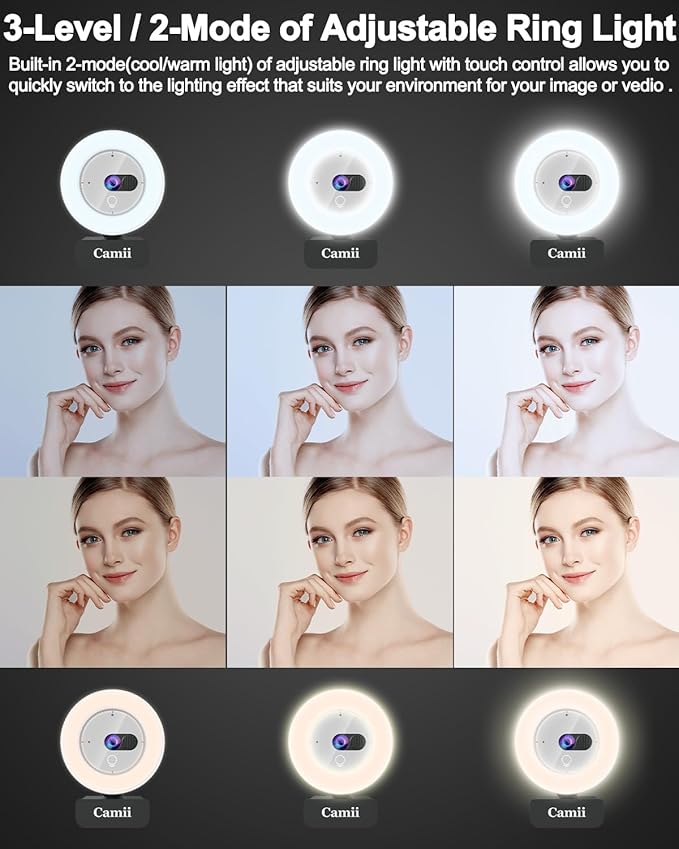 2K Webcam with Light, HD Webcam for PC with Built-in Privacy Cover, Adjustable Brightness, Noise Reduction Mics, for Zoom Skype Teams Laptop and Google Meet-DeskLoop Office