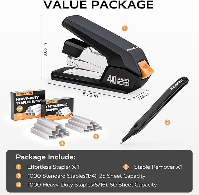 Effortless Stapler for Desk with 40-50 Sheet Capacity, 2000 Staples, 1-Touch Stapling, Ergonomic & Easy to Load Desktop Staplers, Heavy Duty Stapler, and Magnetic Staple Remover, Black-DeskLoop Office