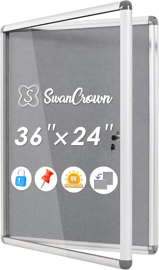 SWANCROWN Enclosed Bulletin Board 36x24 in, Tamperproof Lockable Grey Felt Board Wall Display Case for Office School Home, Aluminum Frame-DeskLoop Office