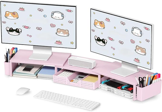 Pink Desk Organizers and Accessories for Women, Dual Computer Monitor Stand Riser with Drawer and 2 Pen Holders, Office Desk Accessories, Workspace Desktop Organization for Office Supplies-DeskLoop Office