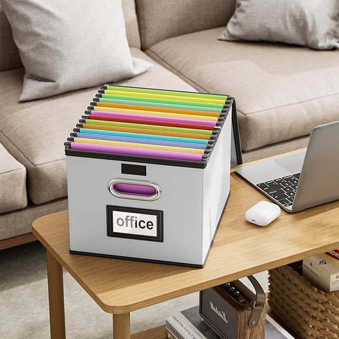Huolewa Portable Leather File Organizer Boxes with Lids, Collapsible File Folder Organizer Boxes, Decorative Small Filing File Cabinet for Home/Office, Easily Store Documents/Hanging File Folders-DeskLoop Office