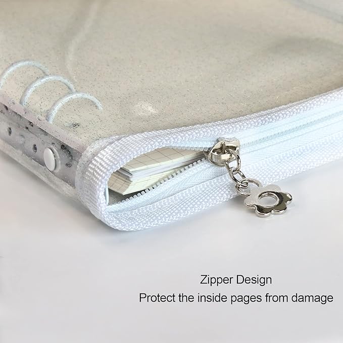 Multibey A5 Binder Cover Clear Soft PVC 6-Ring Binder Budget Cash Evelopes System with Zipper Planner Organizer Refillable Notebook Journal Binder (White, A5)