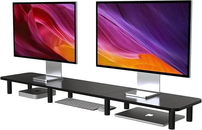 43.7" Extra Long Dual Monitor Stand Riser, Wood & Steel Monitor Stand for 2 Monitors, Wide TV Stand, Desktop Riser for Desk Organization, Home Office,Laptop,Printer,TV (Black)-DeskLoop Office