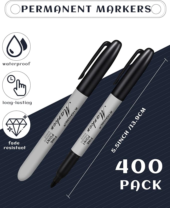 Thenshop 400 Pack Permanent Markers Bulk Black Permanent Marker Set Fine Point Pens Work on Wood, Metal, Stone, Glass-DeskLoop Office