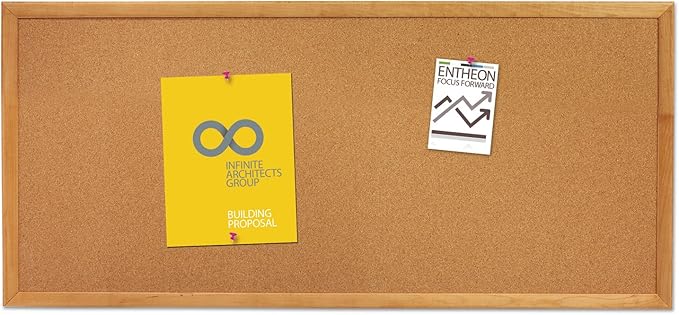 Quartet Cork Board, Bulletin Board, 3' x 1' Corkboard, Oak Finish Frame (300)-DeskLoop Office