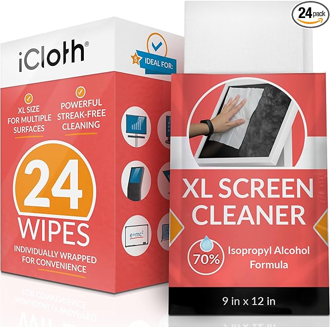 iCloth 70% Isopropyl Alcohol XL Screen and Electronics Wipes, Lint-Free, Streak-Free, Fast-Drying, Removes Dust and Fingerprints (24 Wipes)-DeskLoop Office