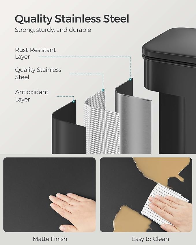 SONGMICS Kitchen Trash Can, 10.5 Gallon (40 L) Garbage Can, Large Step Trash Bin with Lid, Stainless Steel, Soft Close, 15 Trash Bags Included, Black ULTB540B40-DeskLoop Office