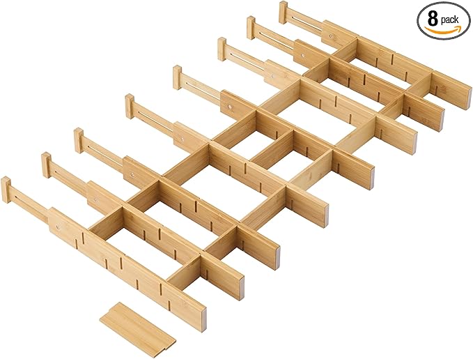 Bamboo Drawer Dividers with Inserts kitchen drawer organizer Adjustable Expandable 8 Pack Organizer Set for Kitchen Bedroom Bathroom Office 8 Dividers with 16 Inserts (Natural, Large (18-22.5IN))-DeskLoop Office