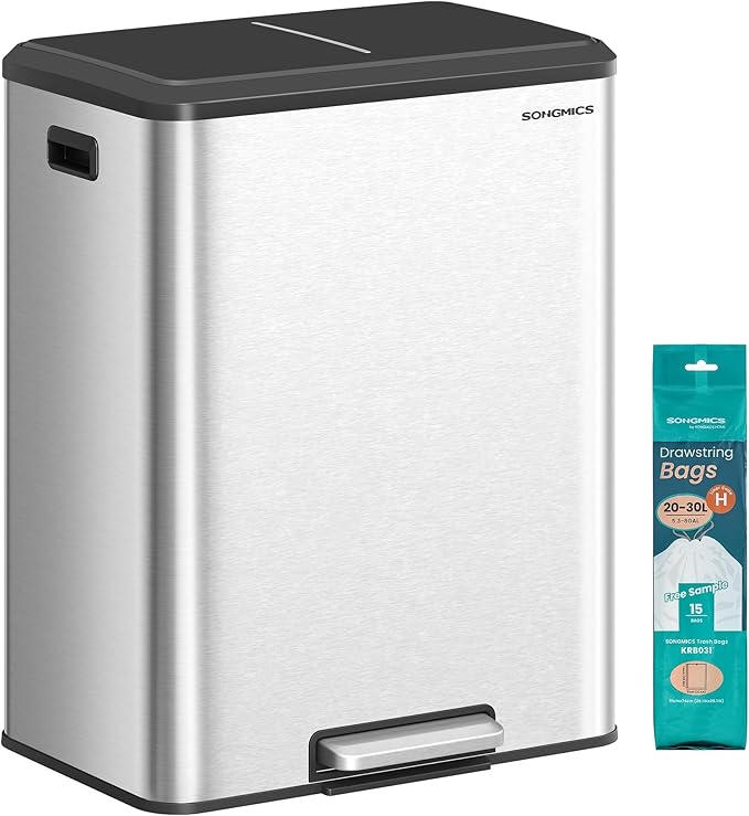 SONGMICS Trash Can, 2 x 8 Gallon (2 x 30 L) Double Garabge Can for Recycling and Waste, Stainless Steel, Soft-Close Lid, Inner Buckets, Wide Sturdy Pedal, Metallic Silver ULTB556E01-DeskLoop Office