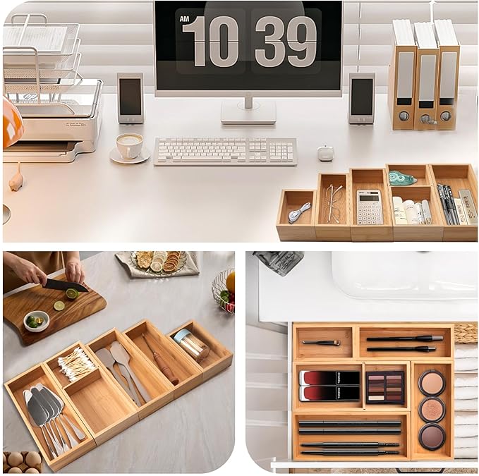 Bamboo Drawer Organizer 5 Pcs for Kitchen Multi-purpose Storage Dividers for Kitchen, Office, Jewelry, Cosmetics, Wooden Drawer Dividers for Drawer Organizer Desk Organizer Gift for Women Gifts Idea-DeskLoop Office
