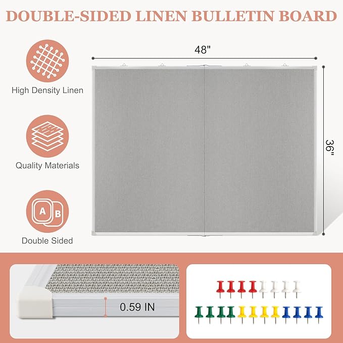 Double-Sided Large Cork Board with Linen, 60" x 40" Foldable Hanging Aluminum Framed Bulletin Board, Vision Board Pin Board Corkboards for Walls, Office, School Decor, 20 Pushpins-DeskLoop Office