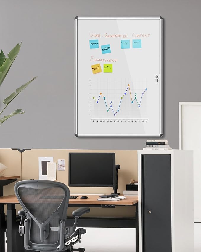 38"x28" Enclosed Bulletin Board, Lockable Weather-Resistant Aluminum Noticeboard for School & Office, Silver Frame w/Magentic Whiteboard-DeskLoop Office