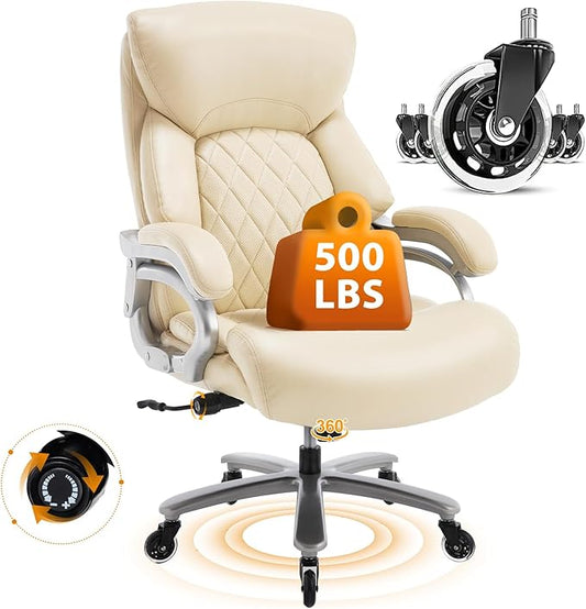 Big and Tall Office Chair for Heavy People, 500LBS High Back Extra Wide Heavy Duty Executive Office Chair Comfortable for Home, Large Computer Desk Chairs with Adjustable Lumbar Support Beige-DeskLoop Office