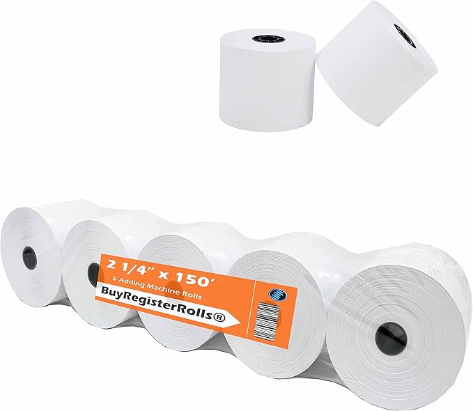 (Pack of 5 Rolls) 2 1/4 x 150 ft, White, adding machine tape Paper Rolls, 50 GSM Premium One Ply Cash Register/Adding Machine/Calculator Roll Printing Calculator-DeskLoop Office