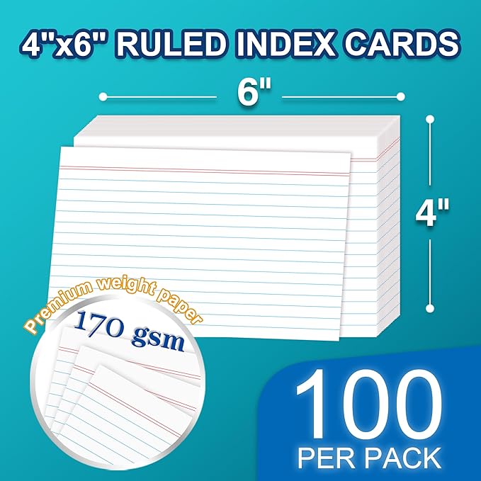 H4D 4x6 Index Card Case with 100 Heavyweight Ruled Index Cards and Dividers, Black