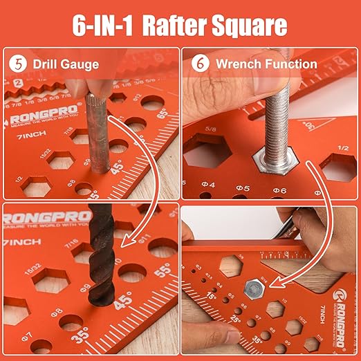 6-in-1 Carpenter Square 7 inch, Aluminum Rafter Square, Multi-Purpose Carpenter Tools : Wrench, Square, Protractor, Ruler, Marking Gauge, Drill Gauge, Includes 2pcs Carpentry Pencil (Champange)-DeskLoop Office