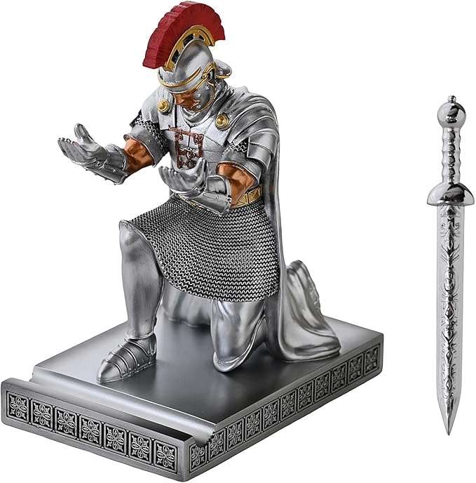 Roman Praetorian Prefect Warrior Knight Pen Holder Desk Ornament Resin Praetorian Guard Mobile Phone Stand Desk Accessories and Organizer For Office with a Letter Opener (Silver)-DeskLoop Office