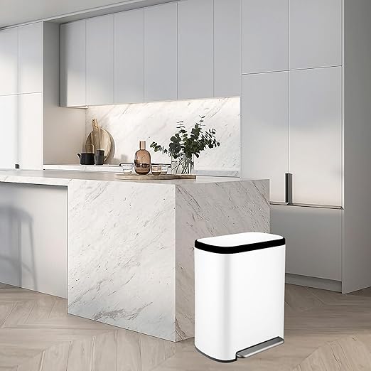 16 Gallon Dual Trash Can, Kitchen Recycling Bins with 2 x 8 Gallon Compartments, 2 Plastic Removable Liners, Soft-Close Lid, Stainless Steel Step Trash Can, White-DeskLoop Office