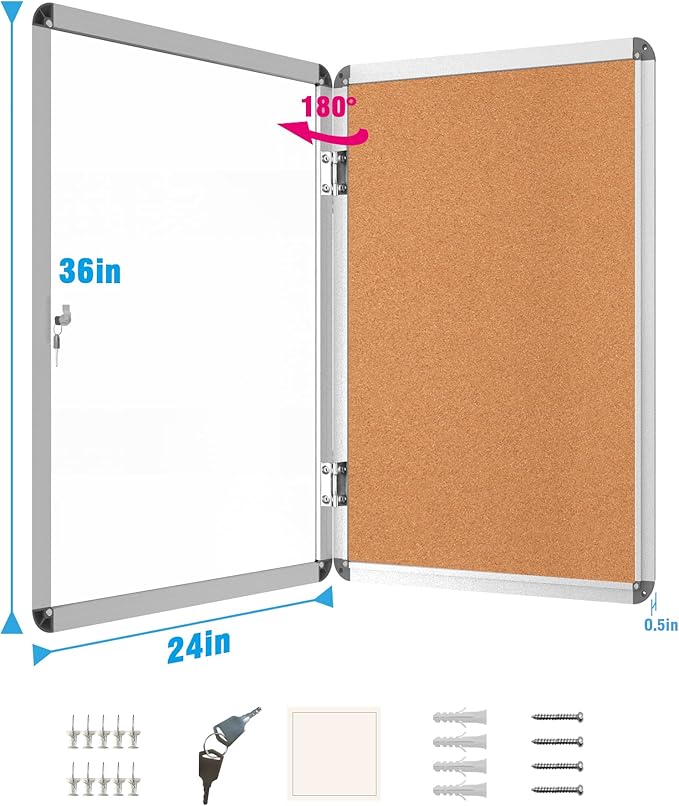 2 Pack 36"x24" Enclosed Bulletin Board, Lockable Weather-Resistant Aluminum Cork Noticeboard for School & Office, Silver Frame w/Cork-DeskLoop Office