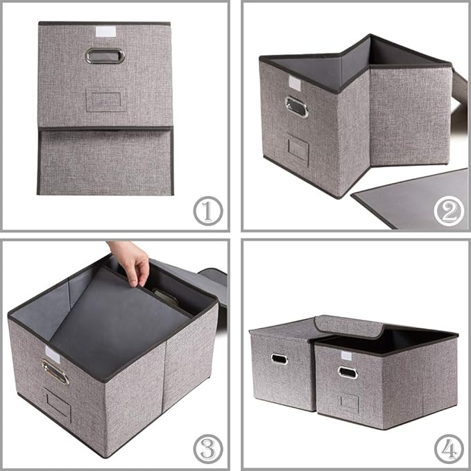 PRANDOM File Organizer Box - Set of 4 Collapsible Decorative Linen Filing Storage Hanging File Folders with Lids Office Cabinet Letter Size (15x12.2x10.75 inch)-DeskLoop Office