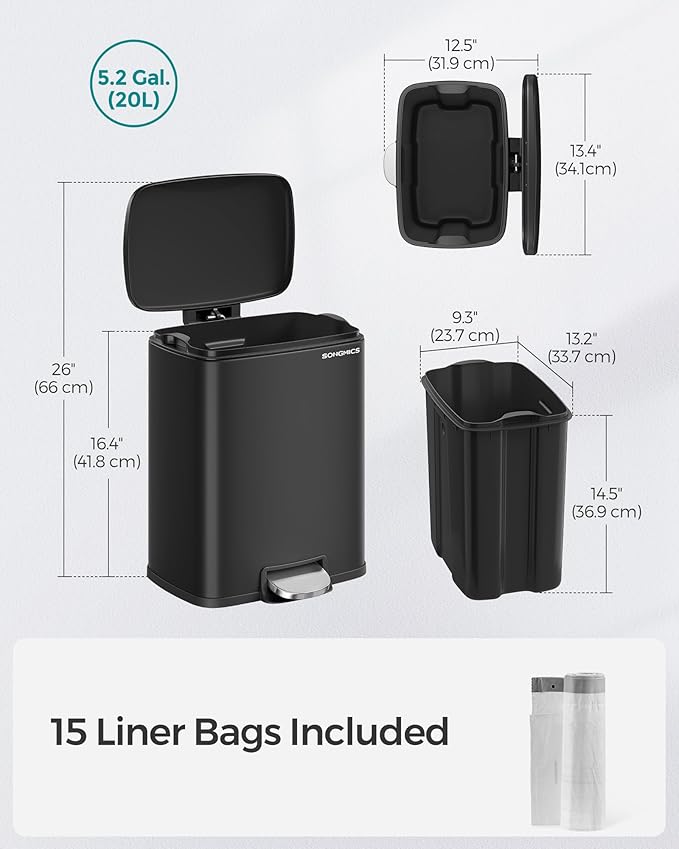 SONGMICS Trash Can, Garbage Can with Lid, 5.2-Gallon (20L) Step Trash Bin for Kitchen, Stainless Steel, Soft Close and Stays Open, Inner Bucket, Includes 15 Trash Bags, Black ULTB543B01-DeskLoop Office