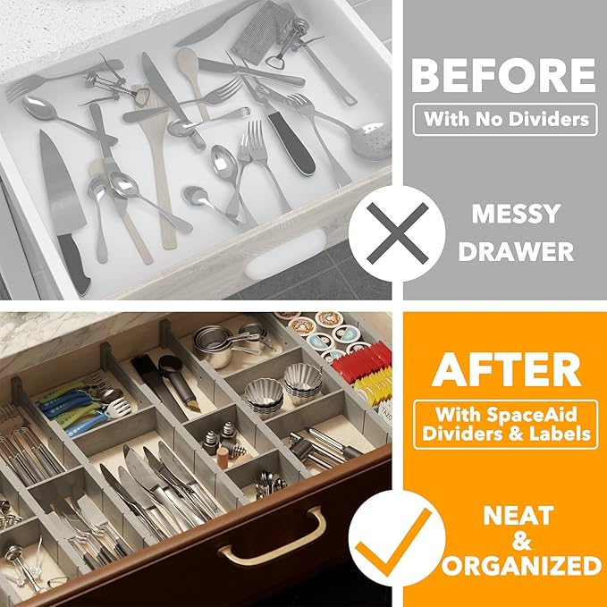 SpaceAid Bamboo Drawer Dividers with Inserts and Labels, Kitchen Adjustable Drawer Organizers, Expandable Organization for Home, Office, Dressers, 10 Dividers with 24 Inserts (17"-22" Gray)-DeskLoop Office