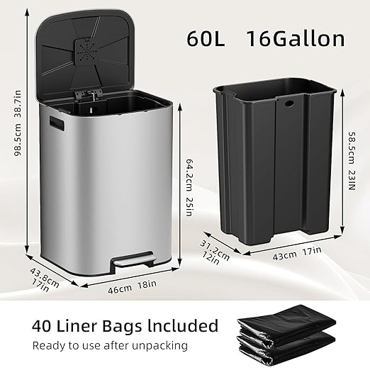 KUK 16 Gallon Kitchen Trash Can with Lid, Heavy Duty Hands-Free Stainless Steel Commercial Step Trash Bin with Removable Inner Bucket, Pedal Rubbish Bin for Home Office and Kitchen, 60L/16Gal-DeskLoop Office
