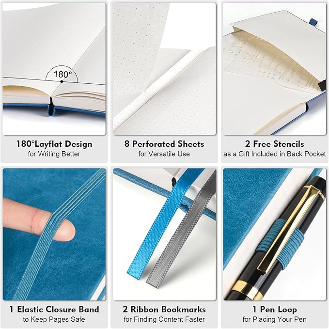 Dotted Journal Notebook, B5 Hardcover Bullet Notebook, 312 Numbered Pages Leather Notebook, 100gsm No Bleed Paper Dot Grid Notebook with Index Pages for Women Men, 7.6'' X 10'', Blue-DeskLoop Office