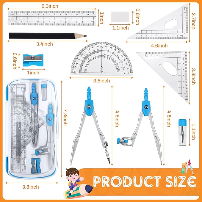 Teling 24 Sets Math Geometry Kit for Students 10 Pcs Compass Geometry Tools Set Includes Rulers Protractor Compass Eraser Pencil Sharpener Lead Refills Pencil (Multi Color)