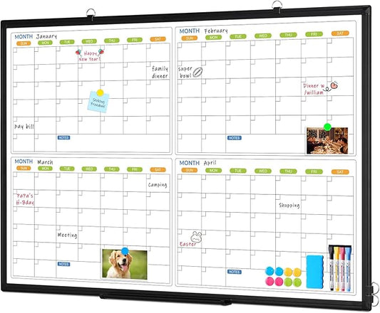 Dry Erase Calendar for Wall 4 Month, WALGLASS 48" x 36" Large Double-Sided White Board Calendar, Dry Erase Monthly Planner, Black Aluminum Frame Hanging Wall Mounted Whiteboard for Office Home School-DeskLoop Office