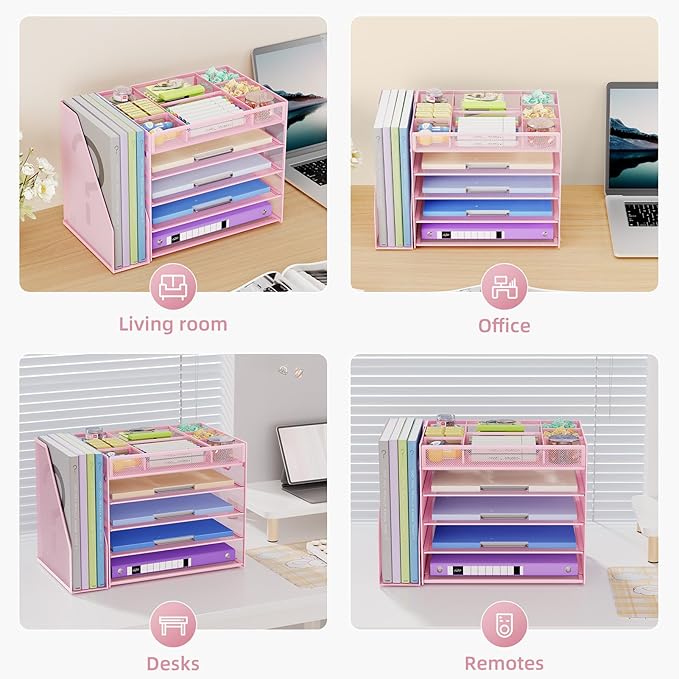 Marbrasse 5-Tier Desk Organizer with File Holder,Paper Letter Tray Organizer,Desktop File Organizer with Adjustable Compartments,Mesh Desk Organizers and Accessories for Office Supplies,Pink-DeskLoop Office