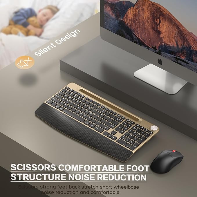 Ergonomic Wireless Keyboard and Mouse with Wrist Rest,Phone Holder - 2.4GHz Full-Sized Low-Profile Quiet Gold Wireless Mouse and Keyboard Combo for Computer, Laptop, PC, Mac-Gold-DeskLoop Office