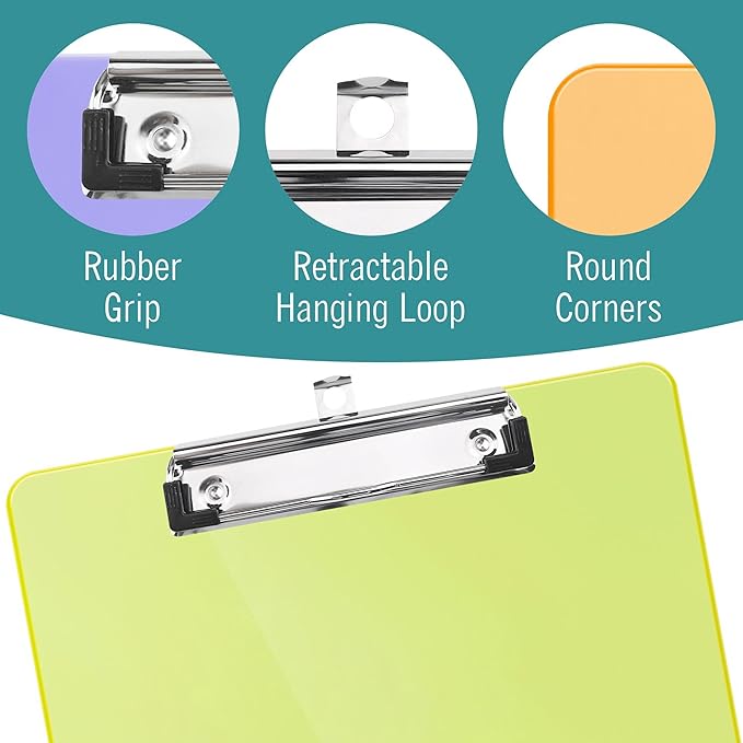 Plastic Clipboards, 6 Assorted Colors Transparent Clip Boards, A4 Letter Size 12.5 x 9 Inch, Low Profile Clip, Office, School Supplies for Students, Teachers, Nurses-DeskLoop Office