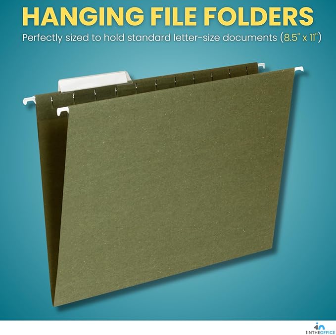 1InTheOffice Green Hanging File Folders Letter Size, Hanging Organizer File Folders, Green Hanging Folders, 1/3 Tabs, 11 pt, 50 Pack-DeskLoop Office